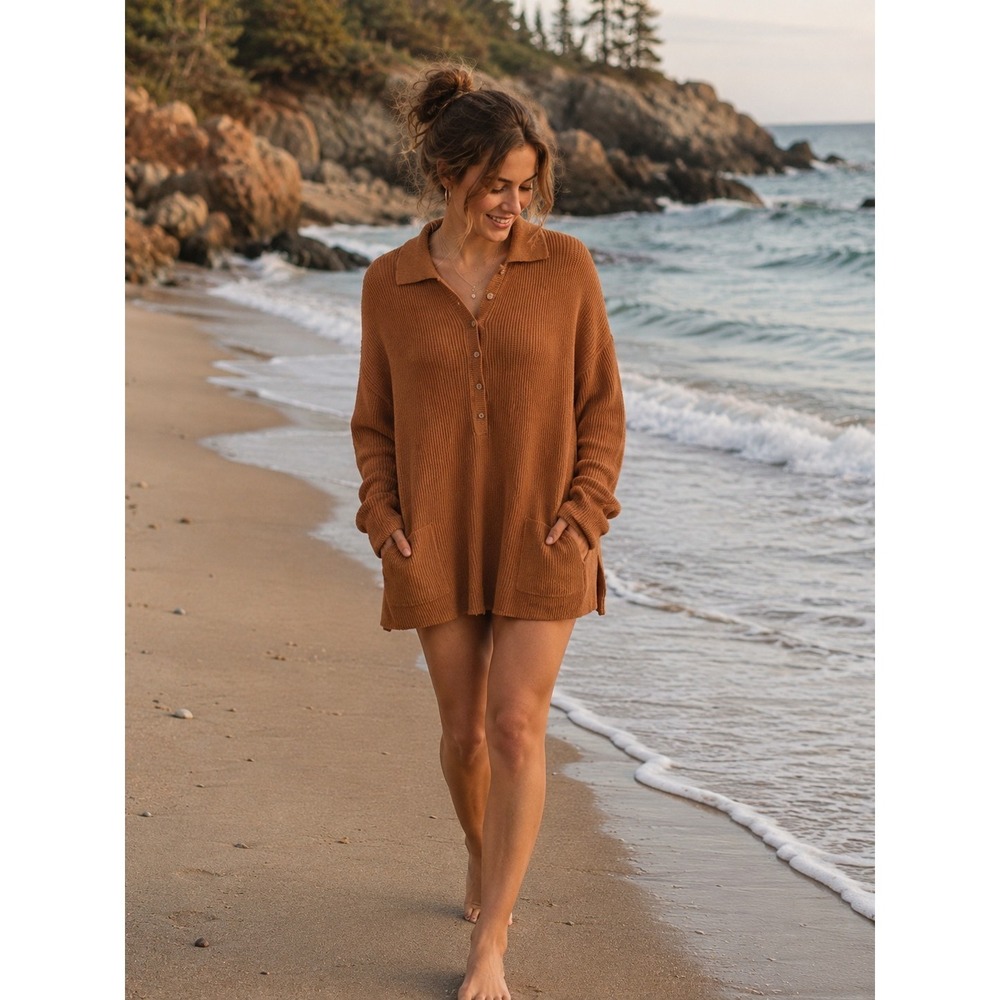 Free People Picnic Sweater Romper Brown Ribbed Knit Size Small